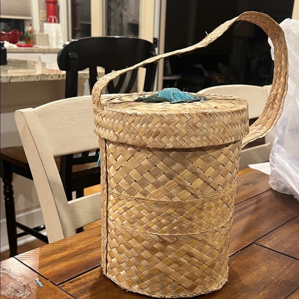 Vintage Woven Basket Purse Raffia with Blue and Green Accents - Picture 3 of 7